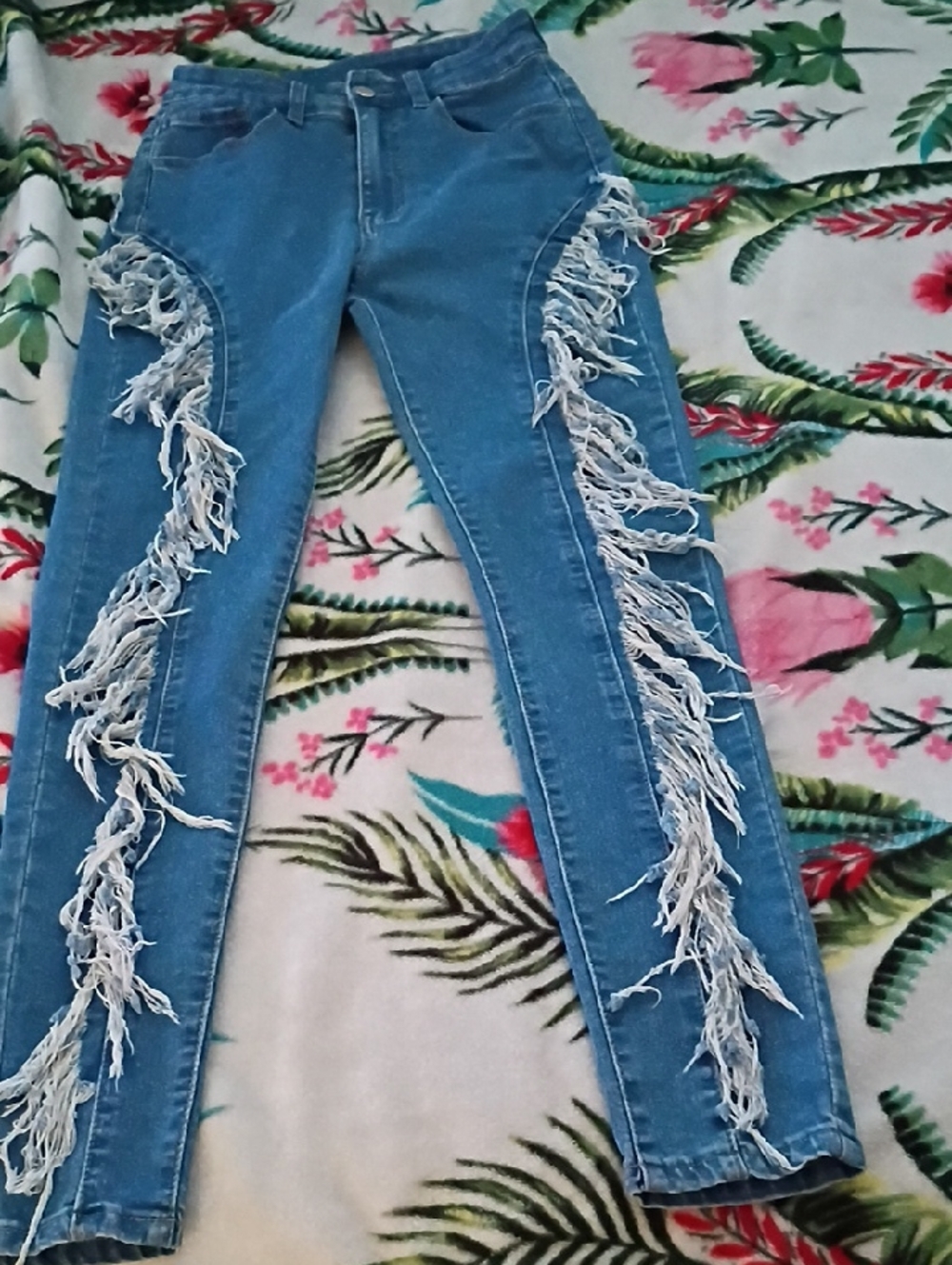 SHEIN Blue Skinny Jeans with Fringe Trim